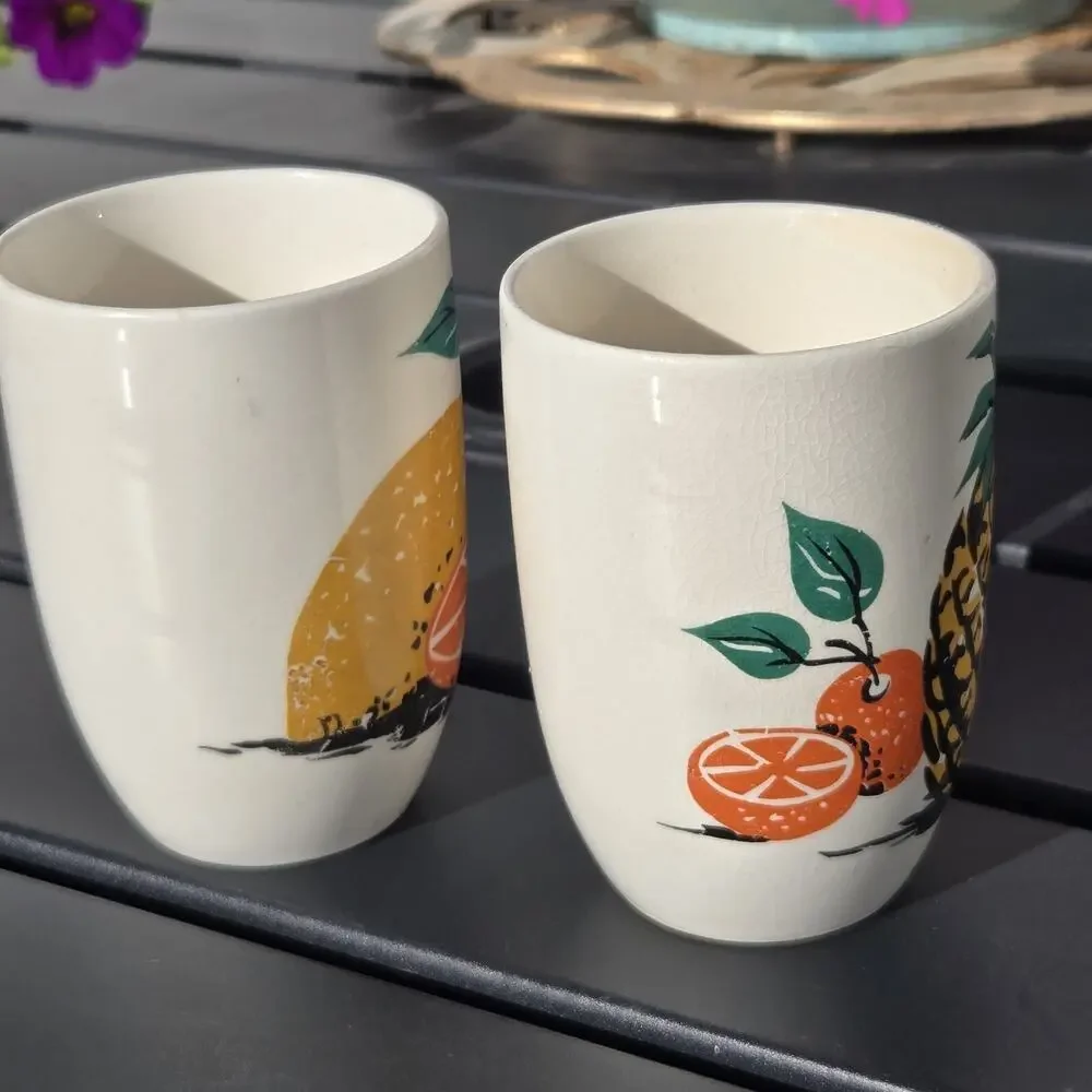 RARE Vintage Japanese Sake Cup Ceramic‎ Set of 2 Two Pineapple Citrus Fruits